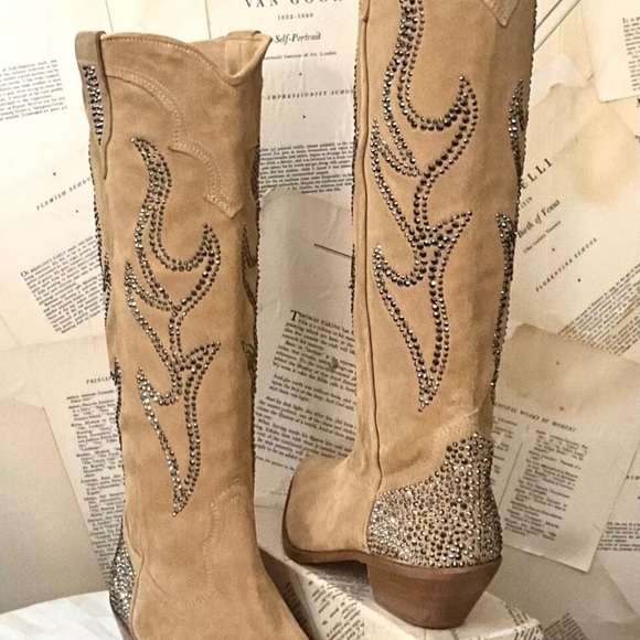 Free People Nashville Nights Cowboy Boot Tan Suede Pewter Rhinestones - Picture 5 of 9
